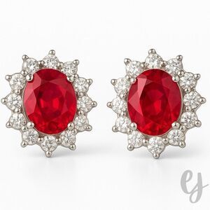 Ruby Red Oval Stud Earrings with Crystal Halo in Silver Tone